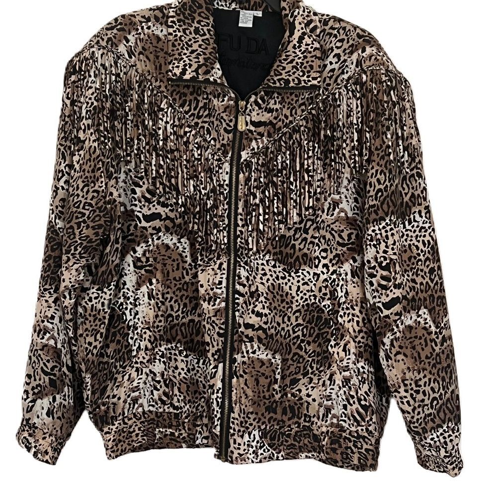 fringe 100 % Silk Leopard Print Jacket Zip Up Front‎ Fringe Fuda International M